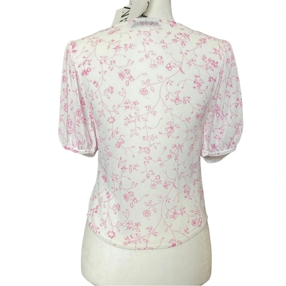 NWT Zara Women's puff short sleeve white floral open front cardigan, Sz L